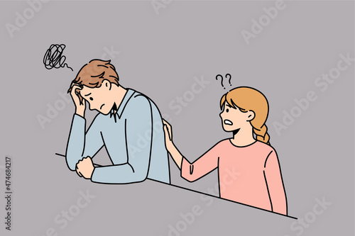 Empathy and helping hand concept. Small frustrated girl standing touching and trying to give support to depressed man or father vector illustration 