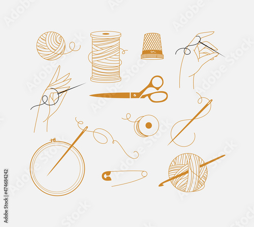 Obraz na płótnie Sewing symbols thread, needle, scissors, pin, thimble, knitting, hand, spool, bobbin, tambour, crochet, hook in a classic sophisticated style beige color w salonie