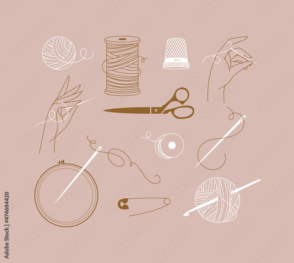Sewing symbols thread, needle, scissors, pin, thimble, knitting, hand, spool, bobbin, tambour, crochet, hook in a classic sophisticated style peach color