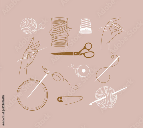 Obraz na płótnie Sewing symbols thread, needle, scissors, pin, thimble, knitting, hand, spool, bobbin, tambour, crochet, hook in a classic sophisticated style peach color w salonie