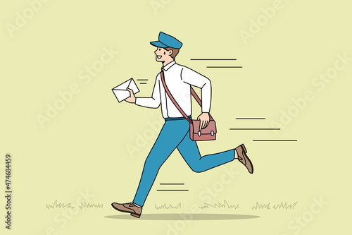 Working as postman with letters concept. Young smiling man working as postman wearing uniform running hurrying up with letter for person vector illustration 