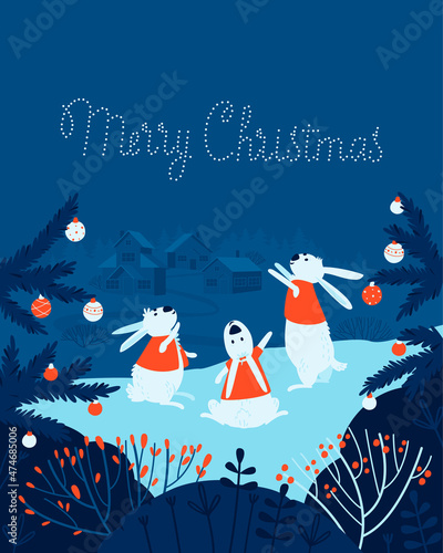 Christmas card with cute rabbits watching drone show. The postcard is decorated with decorated spruce branches. Flat vector illustration.