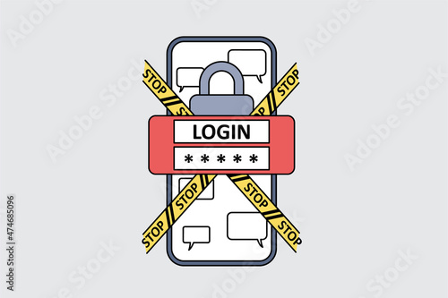 Personal identification and safety concept. Smartphone screen with login password and stop signs crossing it with lock and chat messages in application vector illustration 