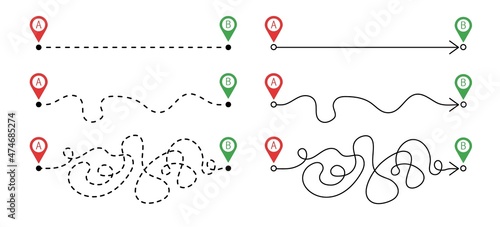 The concept of creating a route from point A to point B. Three options for the path. The easy way, the middle way, and the hard way. Straight line, confusing and dotted line.Vector illustration 