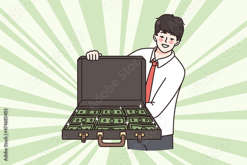 Smiling successful businessman hold open suitcase full of cash offer good business deal. Happy confident man investor carry money in baggage. Investment and finance concept. Vector illustration. 