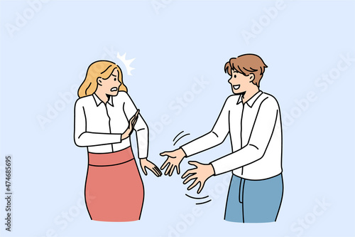Personal distance and boundaries concept. Smiling positive man worker standing trying to touch female colleague with stressed face and pushing him hands vector illustration 