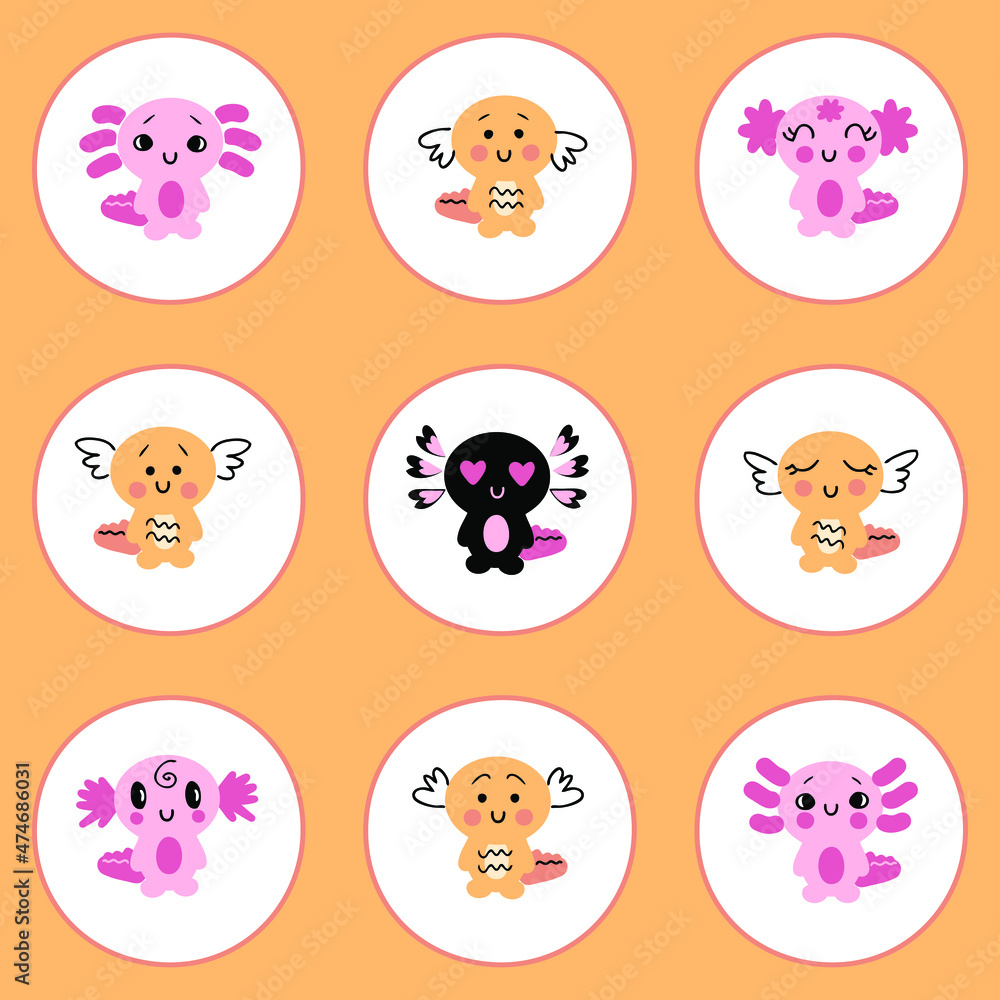Hand drawn axolotls stickers collection. Perfect for story highlight, posters and print. Cartoon style vector set of nine cute salamander baby.
Hand drawn axolotls stickers collection. Perfect for story highlight, posters and print. Cartoon style vector set of nine cute salamander baby.