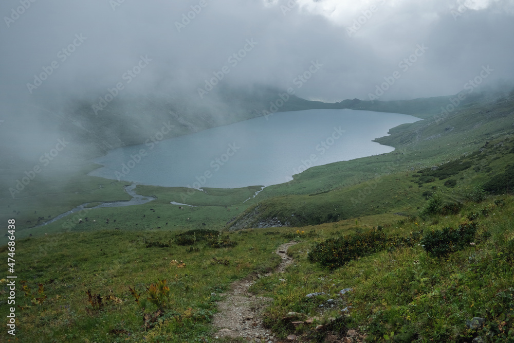 Mountain lake Kyafar, tourist resort of Arkhyz.