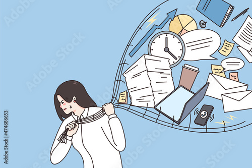 Decisive businesswoman keep routine deals in net take break from work take pause. Happy motivated woman employee prevent emotional burnout or work stress. Flat vector illustration. 