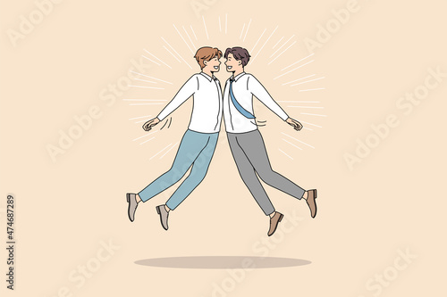 Teamwork collaboration and success concept. Two men colleagues jumping towards each other bumping with bellies celebrating business development vector illustration 
