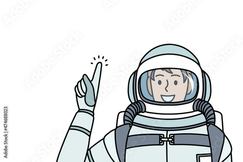 Working as cosmonaut and astronaut concept. Smiling man cosmonaut in special protective costume standing and showing finger feeling confident and excited vector illustration 