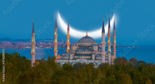The Blue Mosque with crescent moon (new moon) and many stars (Sultanahmet) - Istanbul, Turkey
