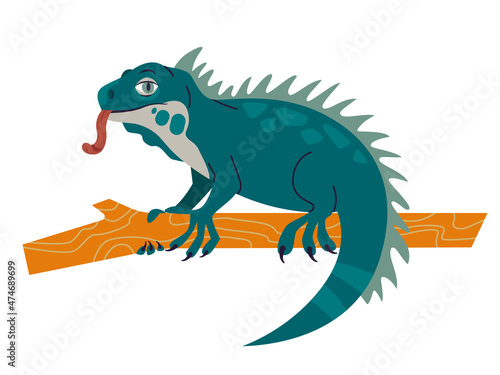 Cartoon iguana sitting on a branch.