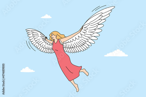 Freedom imagination and flight concept. Smiling blonde woman barefoot flying levitating in air in dress with angel or bird wings on back feeling free in sky vector illustration 