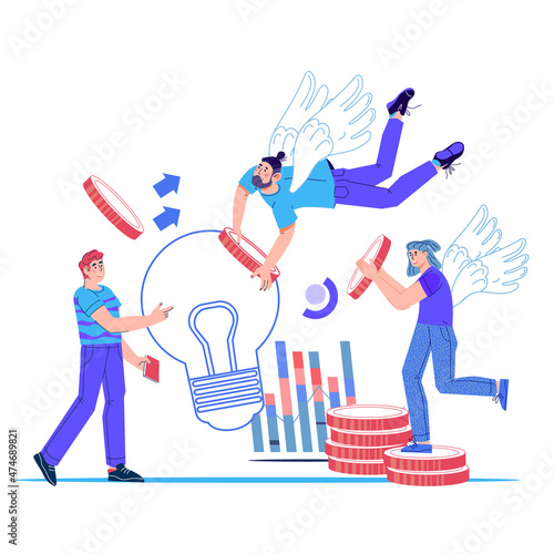 Business idea investment and Entrepreneurship funding concept with Angel investor supporting startup, flat vector illustration isolated on white background.