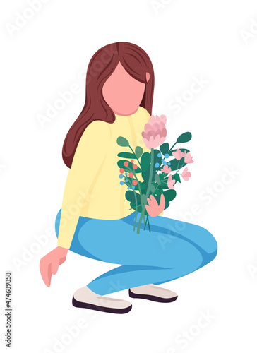 Woman picking flowers semi flat color vector character. Dynamic figure. Full body person on white. Recreation in spring isolated modern cartoon style illustration for graphic design and animation