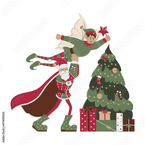 Santa and elf decorate the tree