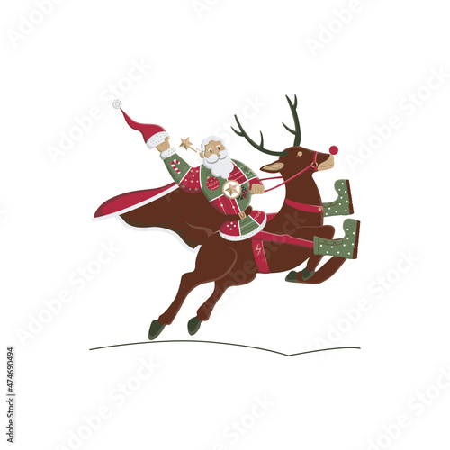 Santa rides a reindeer like a cowboy