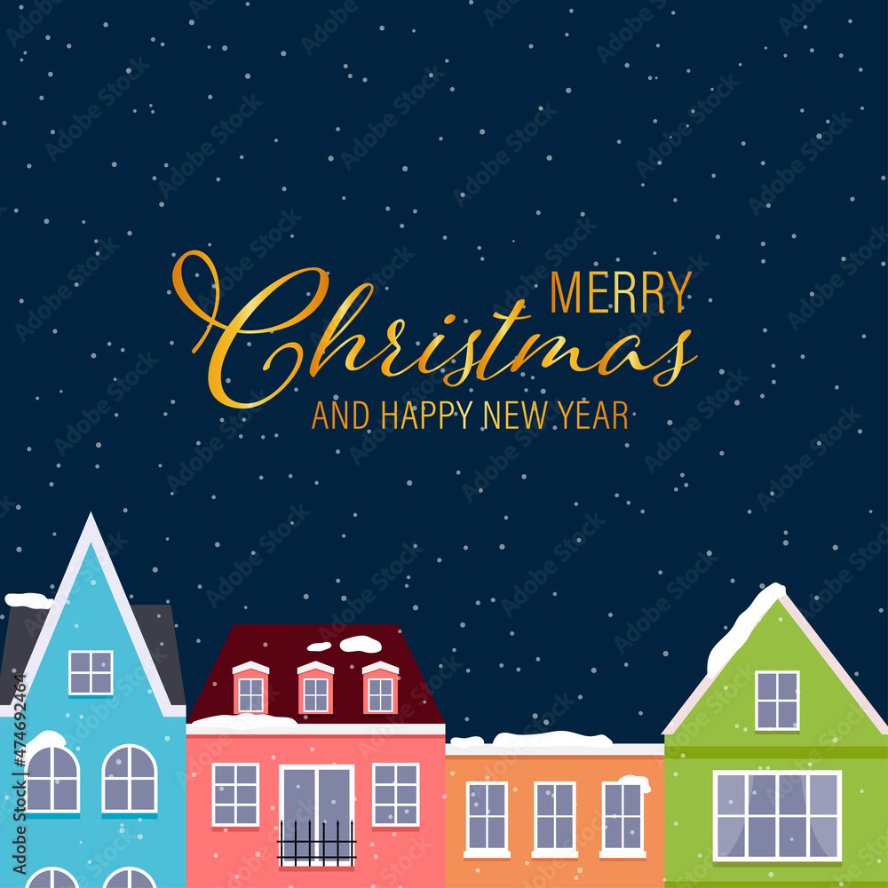 Golden Merry Christmas and Happy New Year text with colorful buildings and snow. Vector illustration.