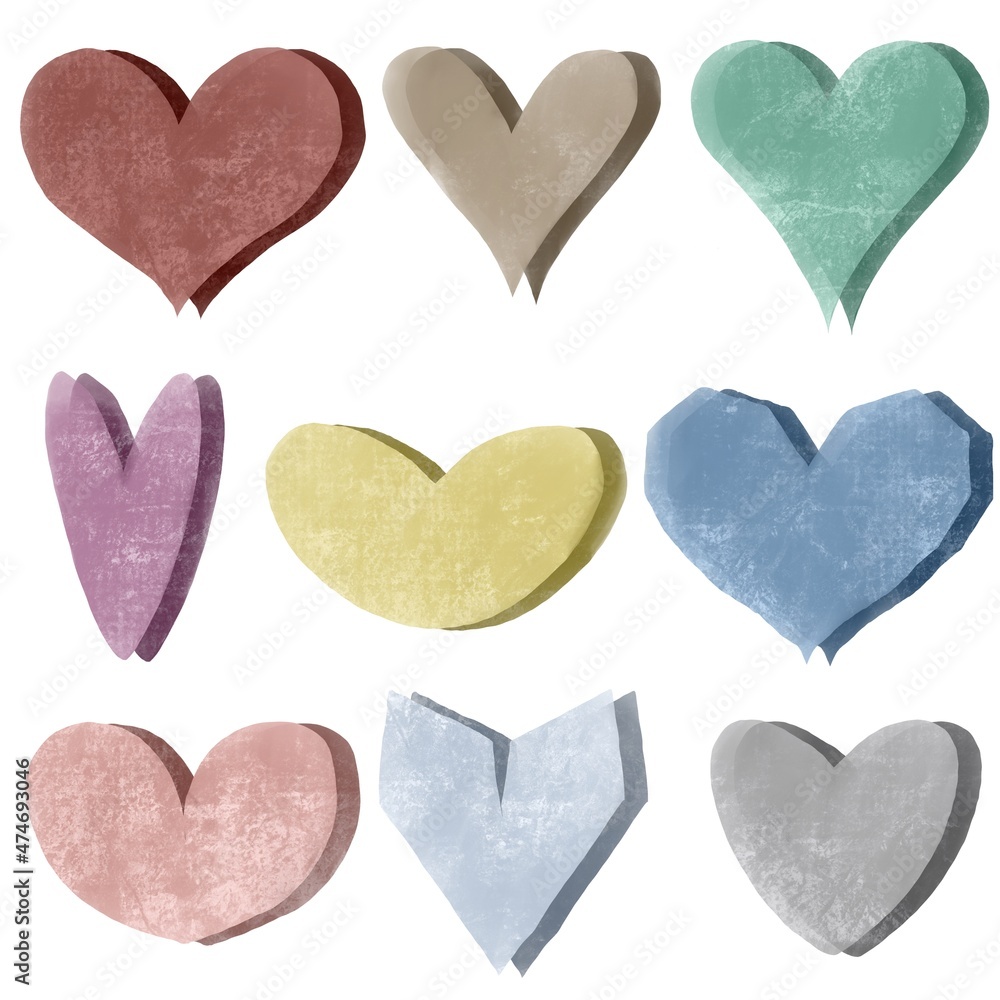 Multicoloured hearts in different shapes made with textured abstract brush. Valentine Day romantic illustration. Stylish minimalistic design for banner, poster, flyer, brochure, greeting card,cover
