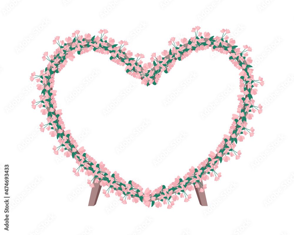 Pink heart shaped flower gate semi flat color vector object. Realistic item on white. Decoration for celebratory event isolated modern cartoon style illustration for graphic design and animation