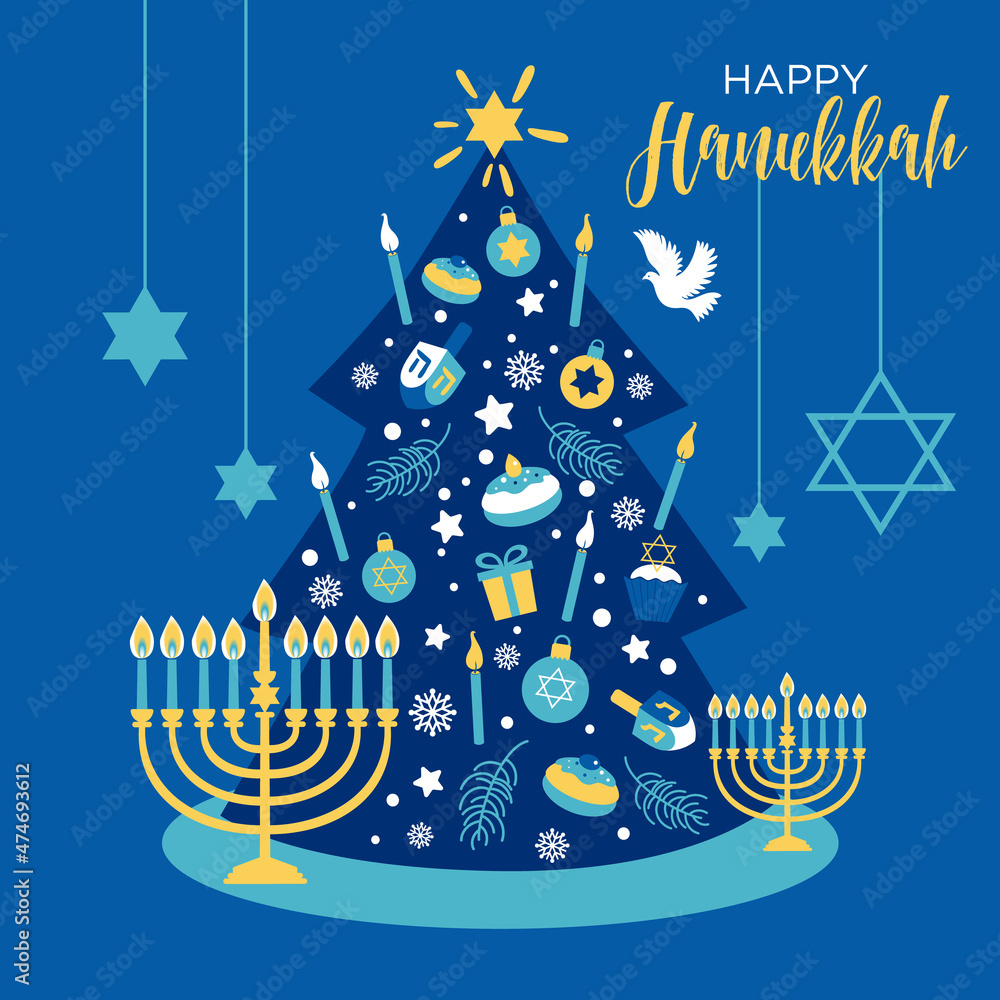 Christmas and Hanukkah holiday banner design with christmas tree. Winter hanukkah illustration with candels.