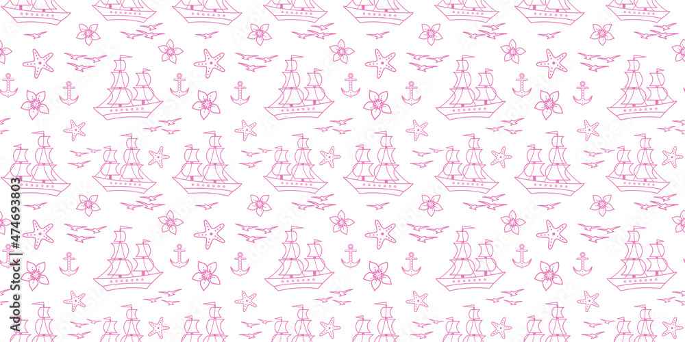 Seamless pattern with sailship, anchor, and flowers. Cute Marine pattern for fabric, baby clothes, background, textile, wrapping paper, and other decoration. Vector illustration. pink pastel colors.