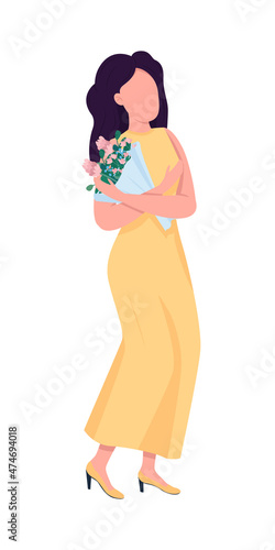 Woman in dress with bouquet semi flat color vector character. Dynamic figure. Full body person on white. Date isolated modern cartoon style illustration for graphic design and animation