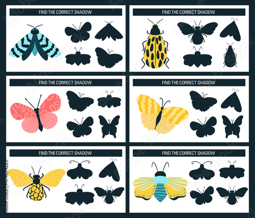 Insects, butterflies, moths. Find the right shadow, an educational game for kids. Vector illustration cartoon style