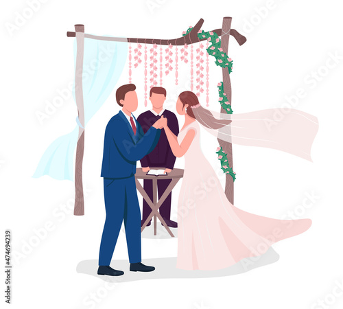 Happy newlyweds celebrate semi flat color vector characters. Figures together. Full body people on white. Marriage ceremony isolated modern cartoon style illustration for graphic design and animation