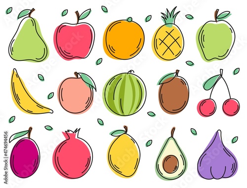 Fototapeta Naklejka Na Ścianę i Meble -  Collection of fruits. Hand draw healthy natural products. Vector illustration isolated on white background.