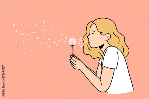 Summer fun and making wish concept. Blonde girl in white t-shirt standing and blowing fluffy dandelion flower during summer walk vector illustration 