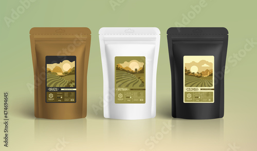 Coffee Star brand identity with logo and label design on zip-package mockups - vintage style vector template. Coffee or tea plantations and fields landscapes. rainforest and mountain valley