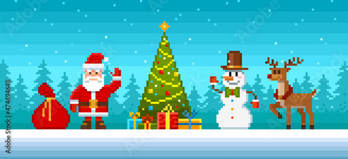 Pixel Art Christmas composition with Santa, deer, snowman, christmas tree, decoration elements - vector template. Cartoon Merry Christmas character in 8-bit style