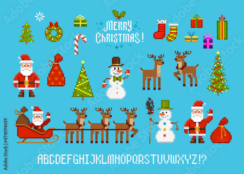 Pixel Art Christmas icons set with Santa, deers, snowman, christmas tree, decoration elements - vector template. Cartoon Merry Christmas text symbols in 8-bit style. Pixel gift box, sock, box