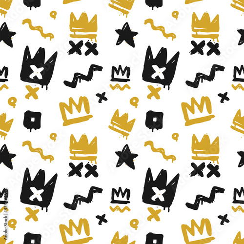 Abstract graffiti art seamless pattern of squiggle and crown tags doodle vector. Graffiti style vector background for print fabric and textile design. Street art seamless pattern