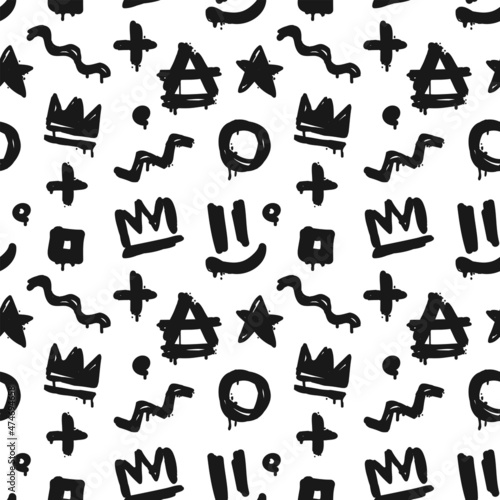 Abstract Graffiti doodle tags on white background vector seamless pattern. Hip Hop style endless background for print fabric and textile design. Spray paint graffiti tags