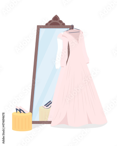 Stand mirror with wedding dress semi flat color vector object. Realistic item on white. Interior decor for dresser room isolated modern cartoon style illustration for graphic design and animation