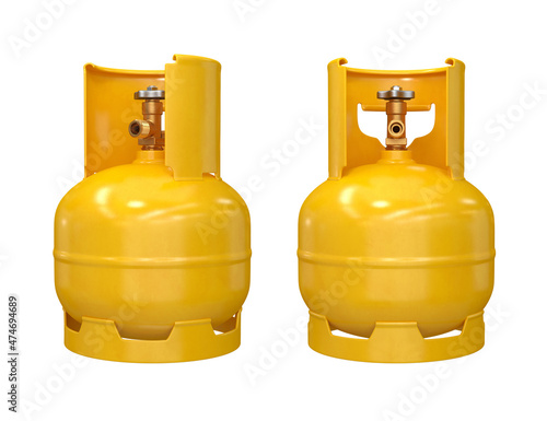 Gas cylinder 5L set of two types of yellow on a white background, 3d render photo