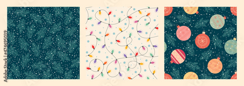 Vector set seamless background. Christmas tree, garlands, Christmas toys. Design for gift wrapping paper, fabric, clothes, textile, wallpaper. 