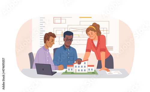 Team of architects and designers working on planning of building. Architect presenting paper model, miniature facade or layout according to sketches and display on laptop. Vector in flat style