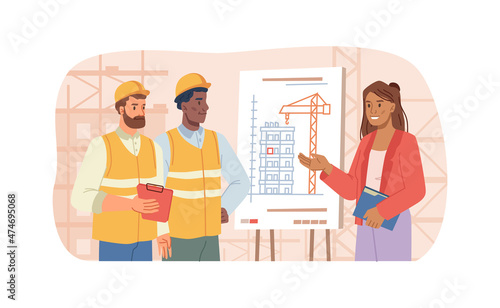 Engineer or main architect presenting construction plans or sketches to builders. Team with foreman looking at building, cooperation with professionals and skilled specialists. Vector in flat style