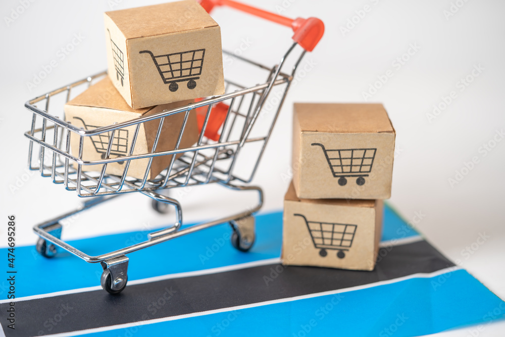 Box with shopping cart logo and Botswana flag, Import Export Shopping online or eCommerce finance delivery service store product shipping, trade, supplier concept.