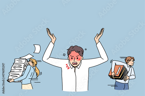 Angry furious job boss concept. Shouting red aggressive angry man director standing with hands raised and kicking out workers with heaps of documents vector illustration 
