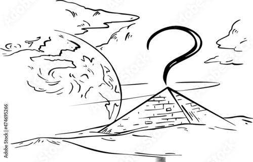 Landscape with pyramids and a question above it in front of the clouds and the planet sketch vector illustration