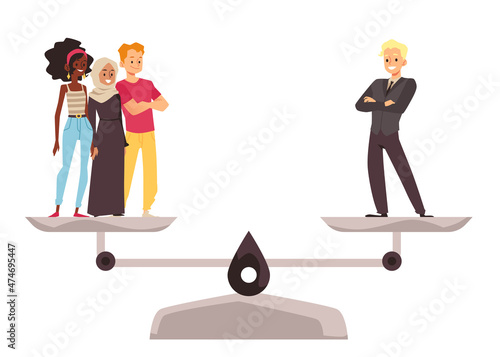 Rich White male have more weight on scale than Black woman, Muslim female and casual young man.