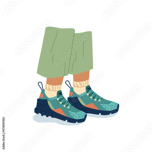 Male or female legs in sneakers flat cartoon illustration. Vector person wearing modern shoes, people foots in fashion trainers, stylish sport footwear fashion, walking foot, hipster athlete