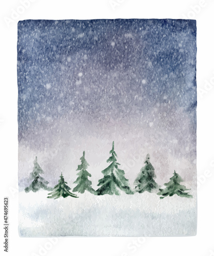 A watercolor card with a Christmas tree and a winter forest.