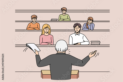 Education process and university concept. Grey haired professor standing backwards and making lecture presentation for young students in class vector illustration 