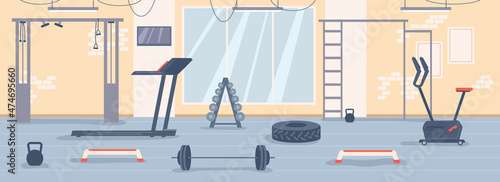 Interior of empty gym, room with mirror and equipment for workout and exercises. Treadmill and bike for cardio, barbell and dumbbells, wooden ladders for training and bodybuilding. Vector in flat